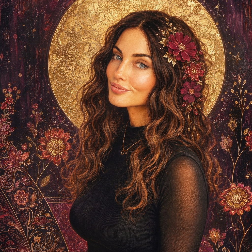 Art Nouveau portrait of the esthetician surrounded by summer blossoms